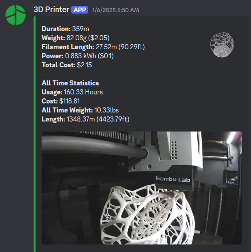A Discord notification message showing 3D printing statistics and progress photo from a Bambu Lab printer.