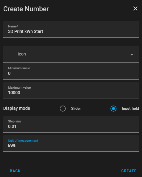 A dark mode settings dialog for creating a number helper named 3D Print kWh Start.