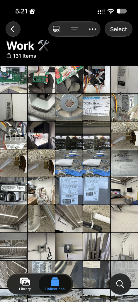 A smartphone screen showing a photo gallery app interface with a grid of work-related images.