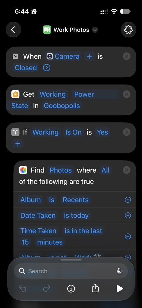 A screenshot of an iOS Shortcut for auto sorting Work Photos with various automation actions.