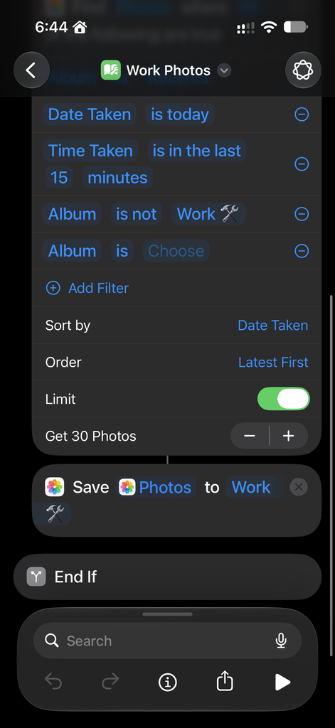 A screenshot of an Apple Shortcuts workflow for auto sorting work photos with filters for date taken, time taken, and album.