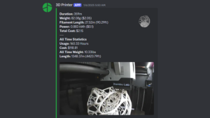 A Discord notification message showing 3D print statistics and a camera view of a Bambu Lab printer.