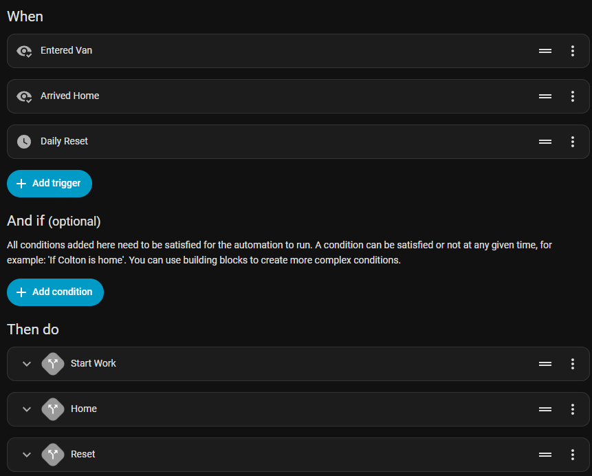 A screenshot of a Home Assistant automation setup page showing triggers, conditions, and actions.