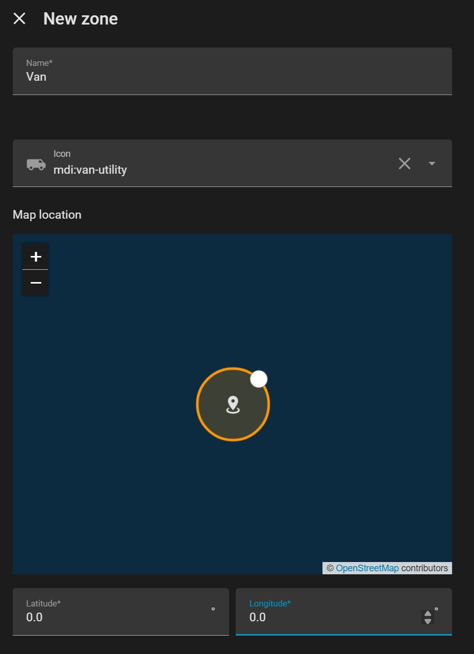 A user interface displaying the creation of a new zone named Van with a map location.