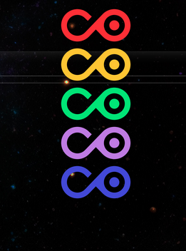 Five vertically stacked CO logos in red, yellow, green, purple, and blue against a dark starry background.