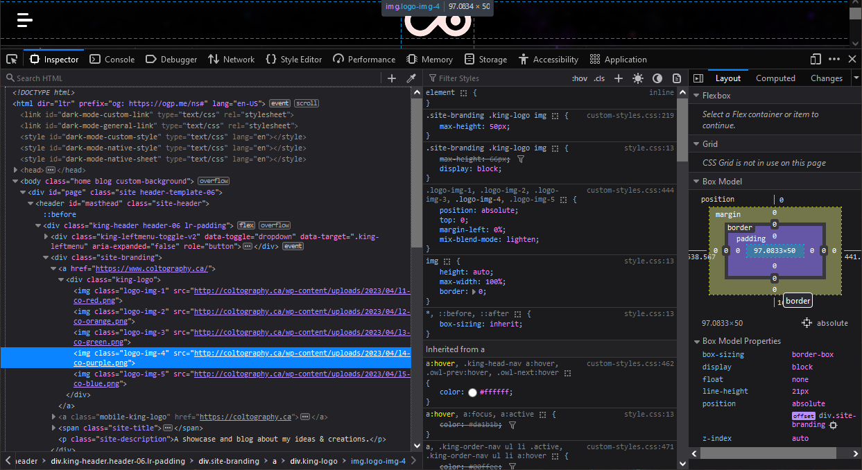 A web browser inspector panel showing HTML code and CSS box model properties for dynamic logo color mixing